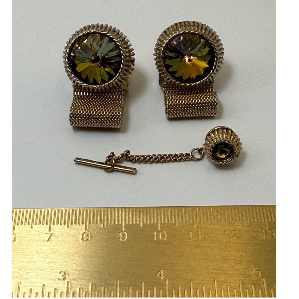 Dante Cufflinks Tie Tack Set OS Gold Mesh Vitrail Crystal Vintage Mid Century
